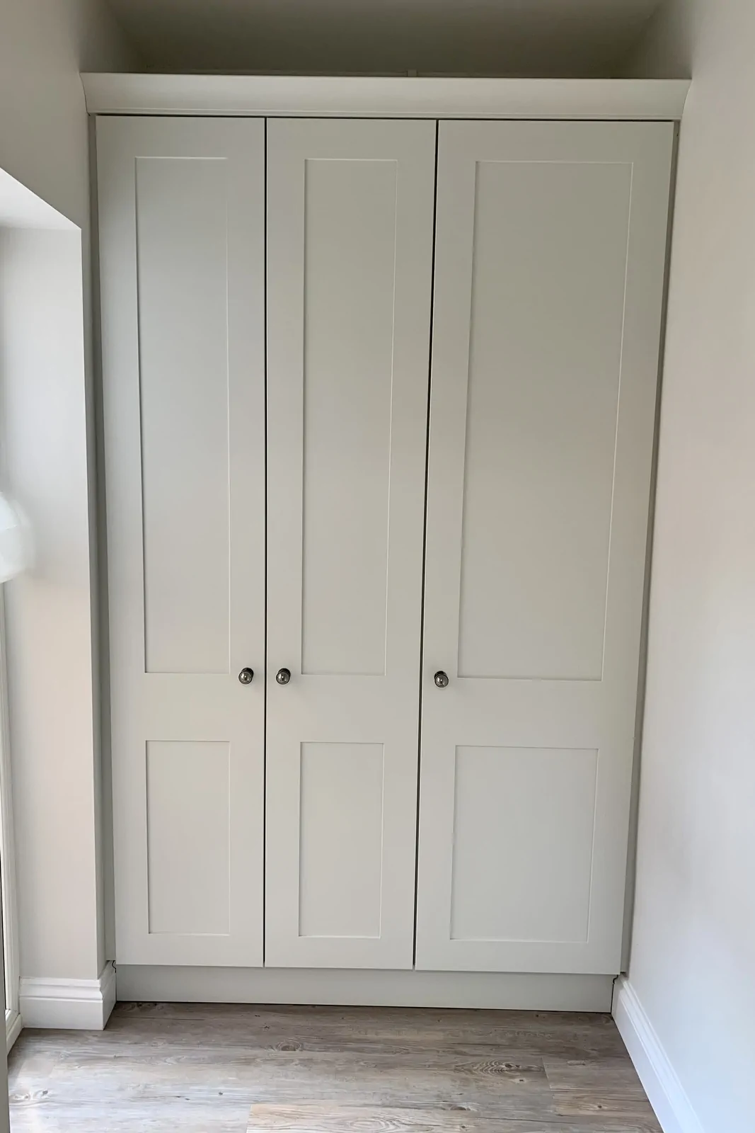 Tall shaker larder cupboards painted in Highland Grey by Redwood Kitchens Blackwater