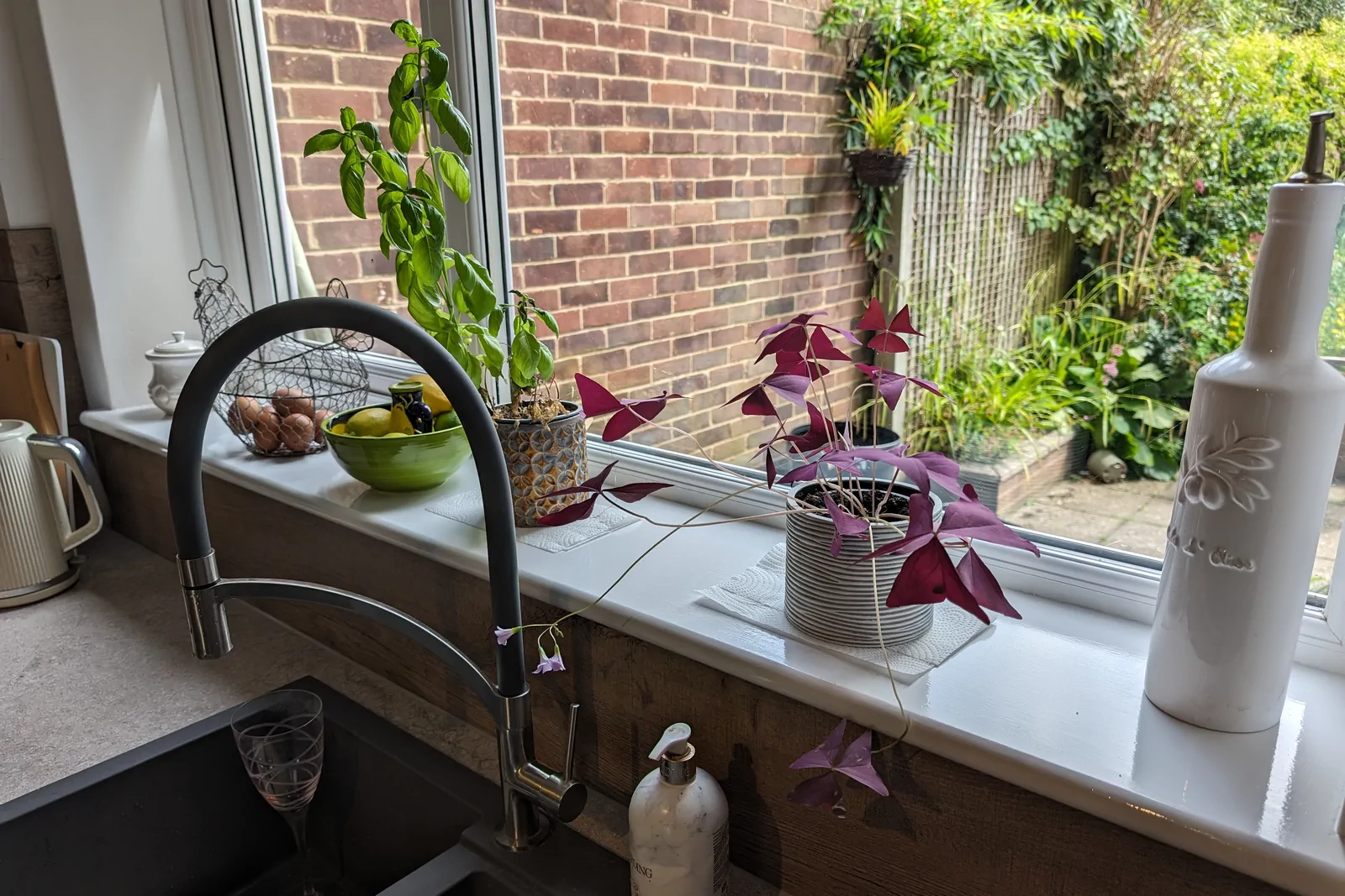 Kitchen window with herbs and plants on the sill above the granite sink with pull-out flex-hose mixer tap.