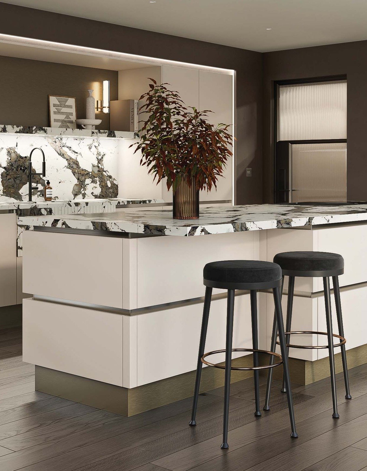 Porter Matt Taupe Grey handleless kitchen with island seating