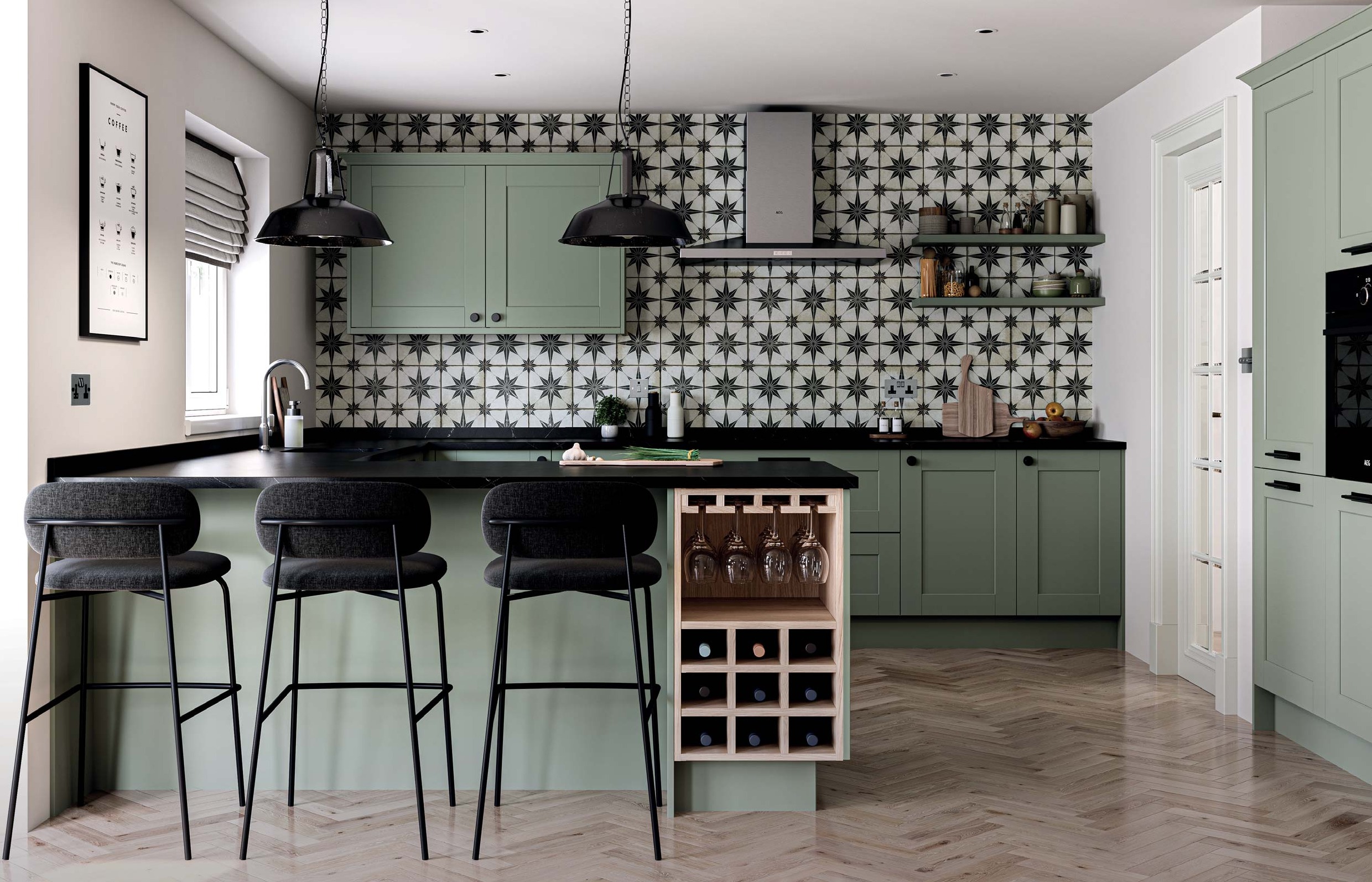 Belsay Smooth Reed Green kitchen with patterned tiled splashback and breakfast bar