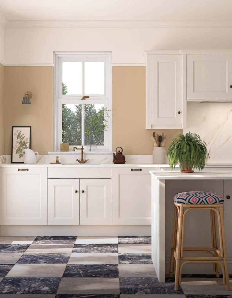 Belsay Beaded Taupe Grey Shaker kitchen with Gold Antico ceramic worksurface
