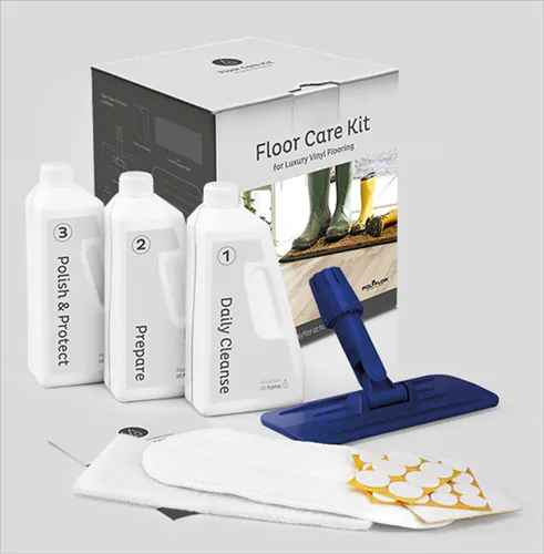 Three-step LVT floor care kit with cleaner, stripper and polish bottles, applicator and pads